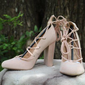 Faux Suede Lace Up Block Heel Pump (Nude)